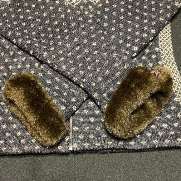 VTG Lauren Ralph Lauren Fair Isle Wool Full Zip Sweater Faux Fur Collar/Cuffs-PM - Picture 8 of 13